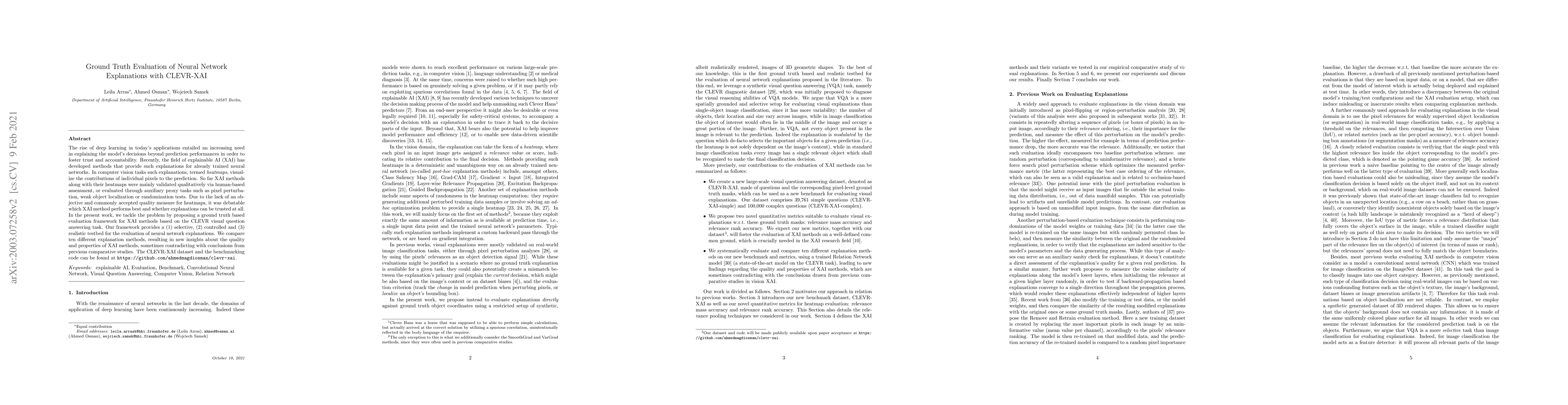 Thumbnail for Ground Truth Evaluation of Neural Network Explanations with CLEVR-XAI