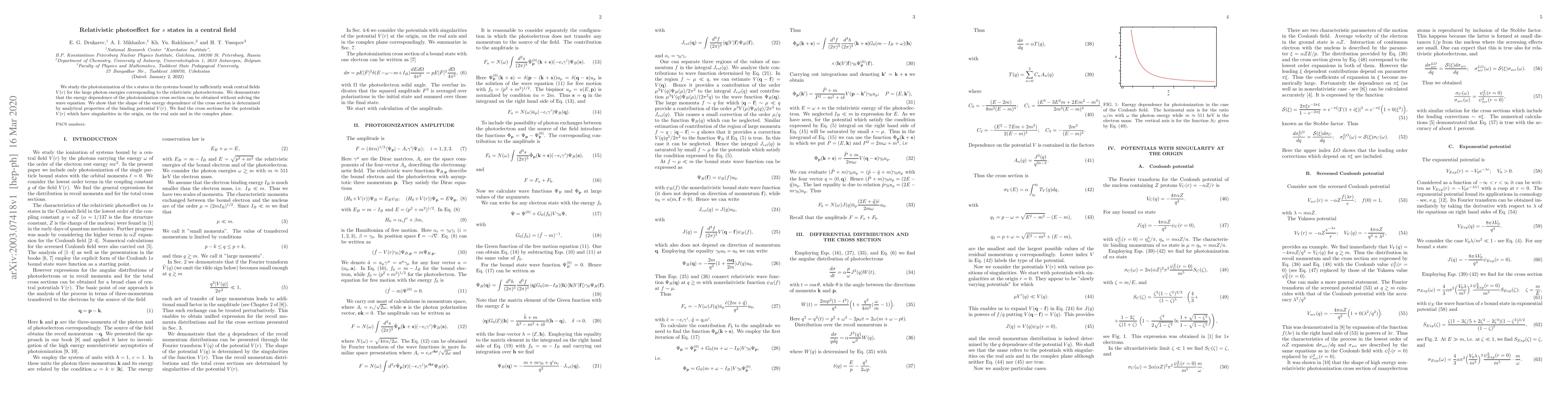 Thumbnail for Relativistic photoeffect for $s$ states in a central field
