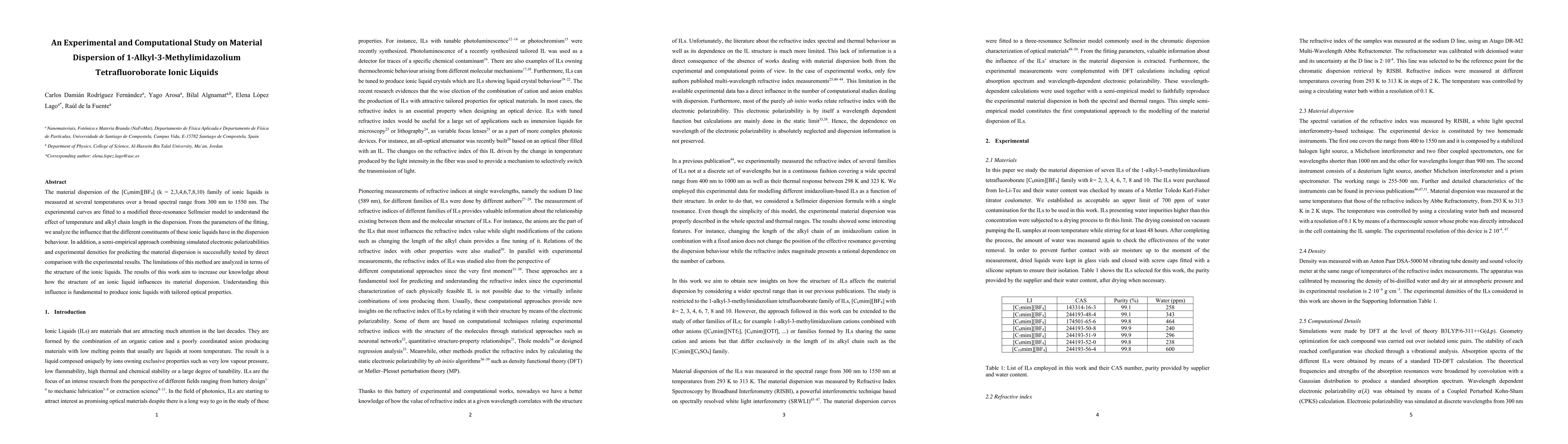 Thumbnail for An Experimental and Computational Study on Material Dispersion of
  1-Alkyl-3-Methylimidazolium Tetrafluoroborate Ionic Liquids