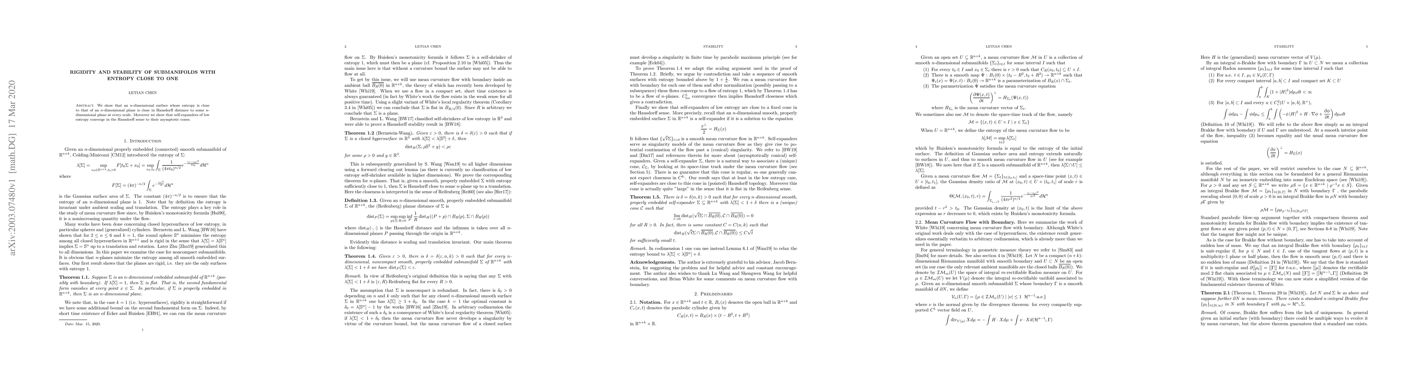 Thumbnail for Rigidity and Stability of Submanifolds with Entropy Close to One