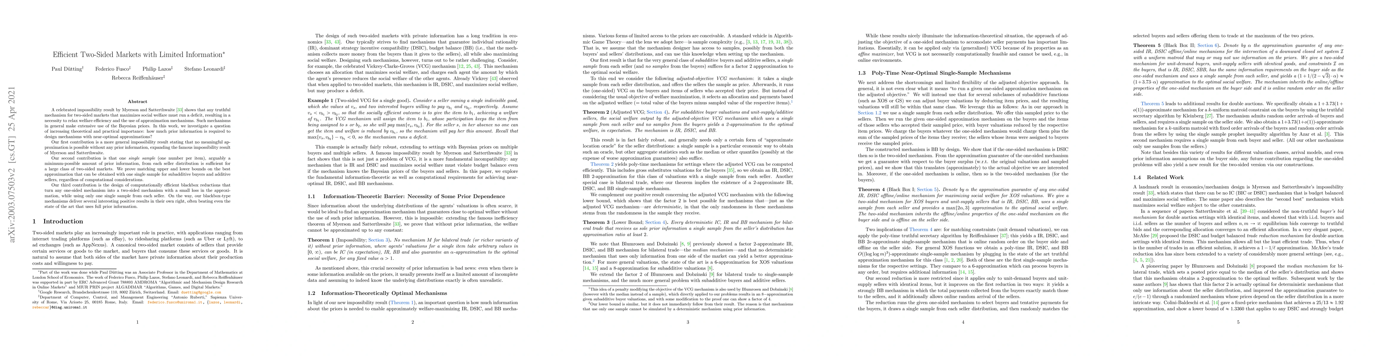 Thumbnail for Efficient Two-Sided Markets with Limited Information
