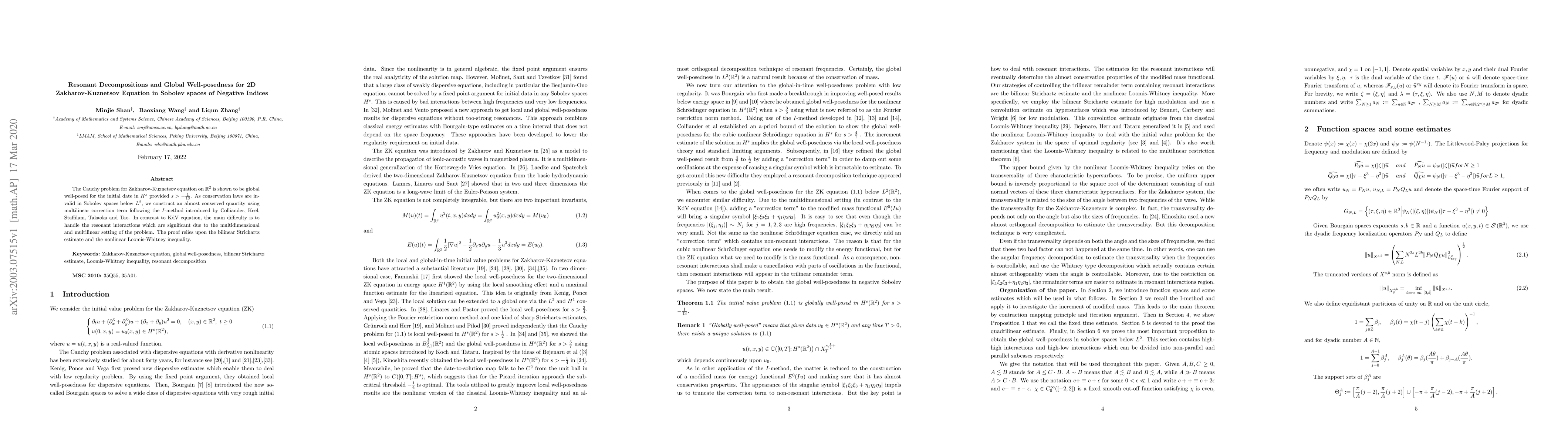 Thumbnail for Resonant Decompositions and Global Well-posedness for 2D
  Zakharov-Kuznetsov Equation in Sobolev spaces of Negative Indices