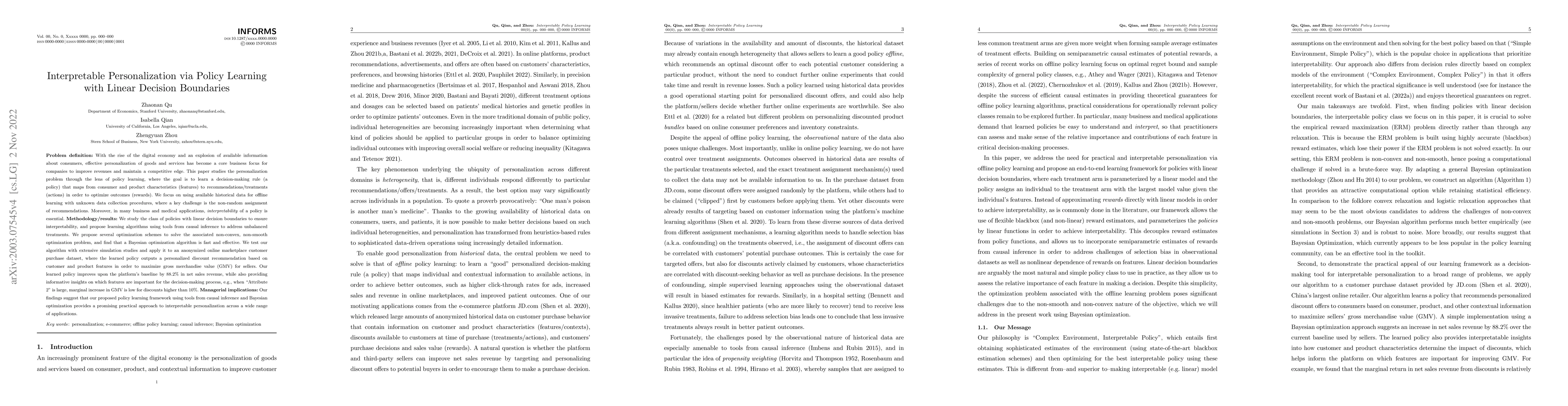 Thumbnail for Interpretable Personalization via Policy Learning with Linear Decision
  Boundaries