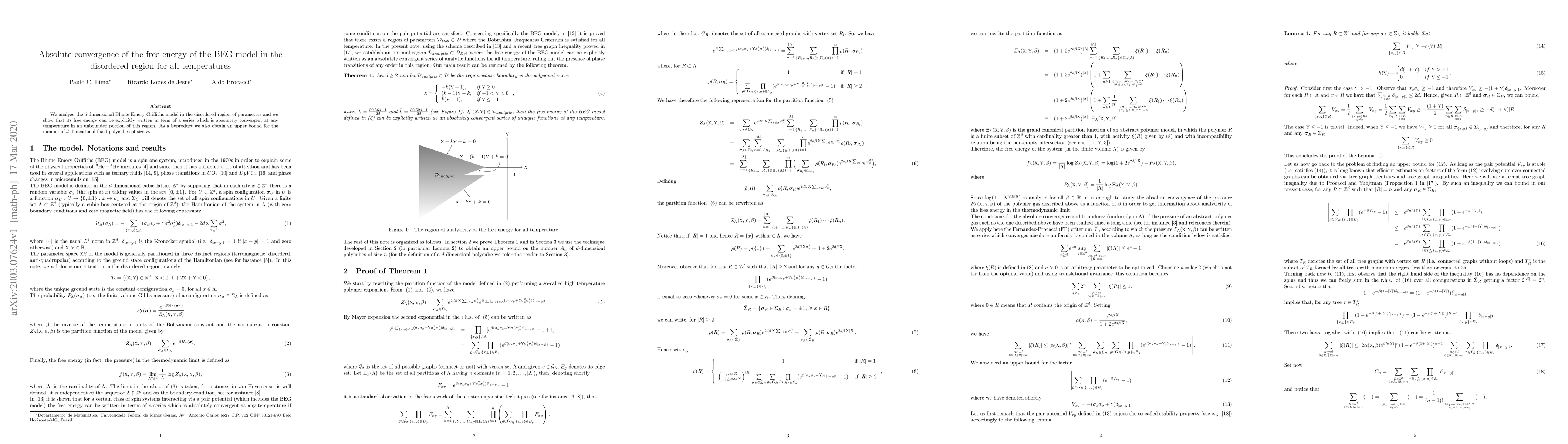 Thumbnail for Absolute convergence of the free energy of the BEG model in the
  disordered region for all temperatures