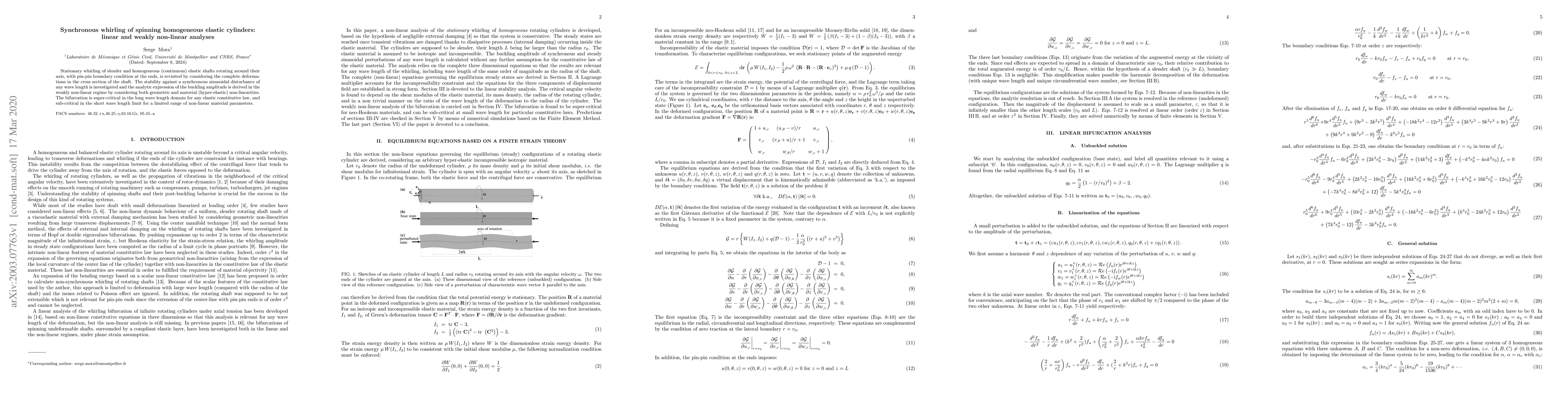Thumbnail for Synchronous whirling of spinning homogeneous elastic cylinders: linear
  and weakly non-linear analyses