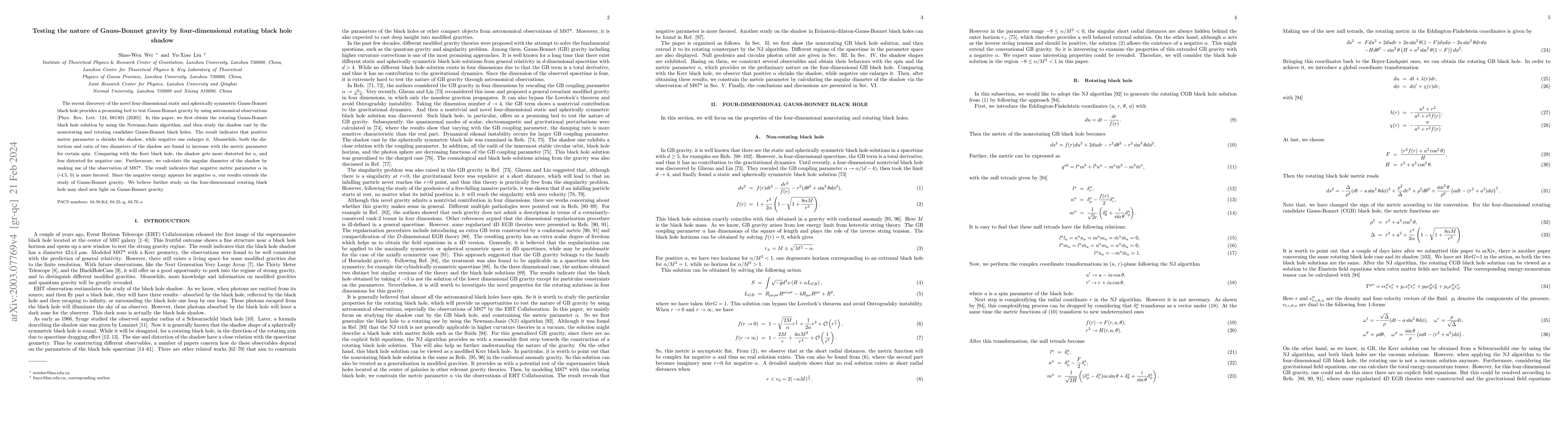Thumbnail for Testing the nature of Gauss-Bonnet gravity by four-dimensional rotating
  black hole shadow