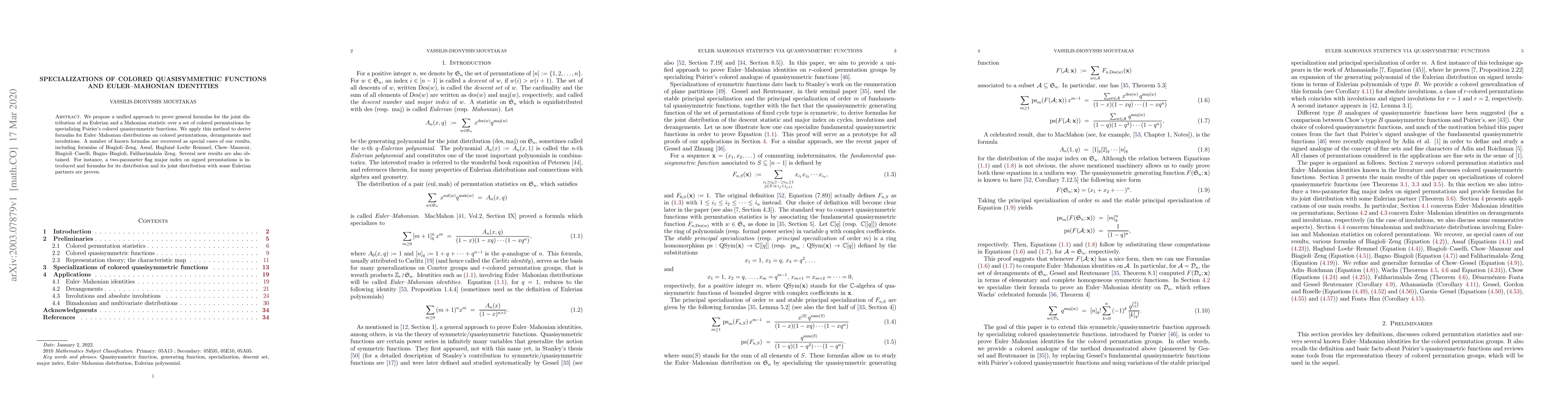 Thumbnail for Specializations of colored quasisymmetric functions and Euler-Mahonian
  identities