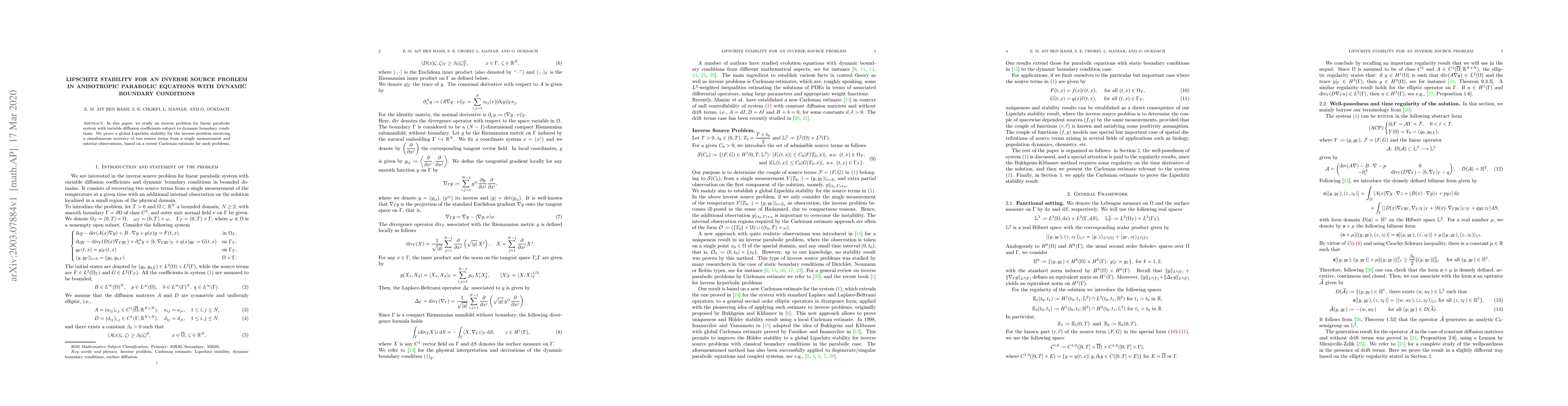 Thumbnail for Lipschitz stability for an inverse source problem in anisotropic
  parabolic equations with dynamic boundary conditions