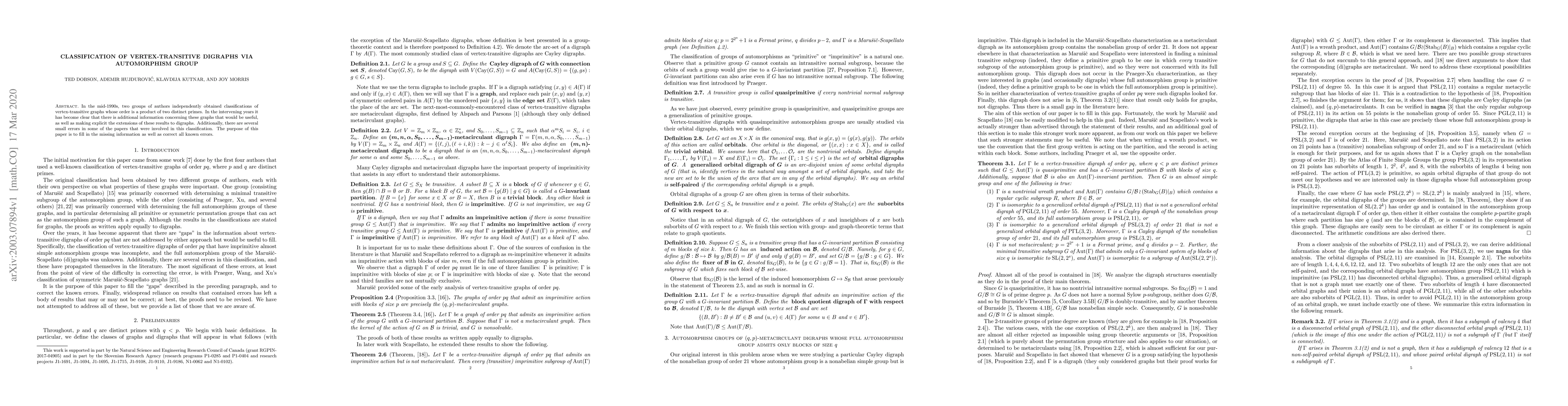 Thumbnail for Classification of vertex-transitive digraphs via automorphism group