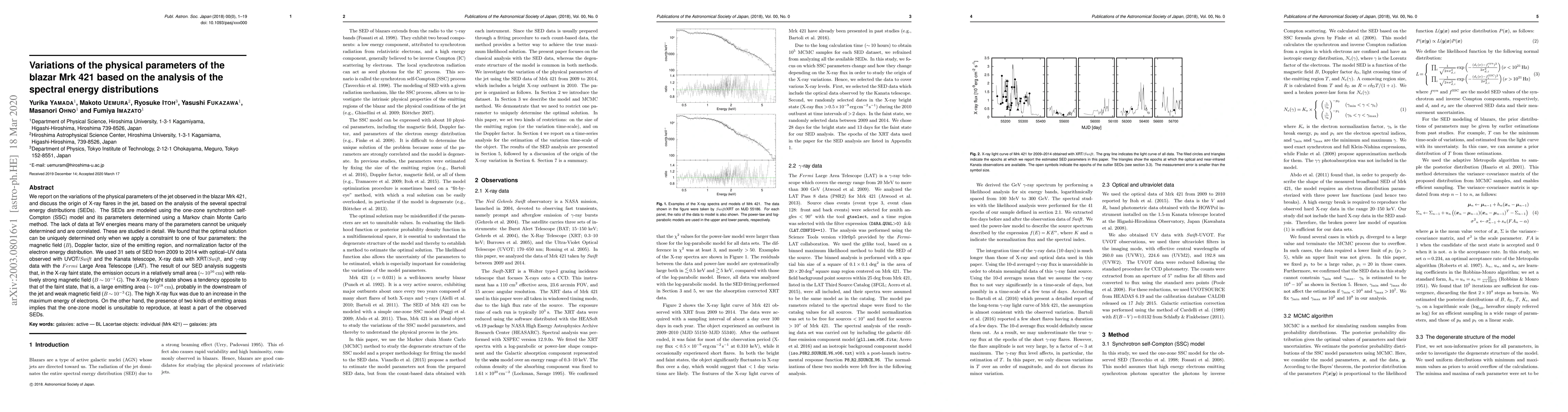 Thumbnail for Variations of the physical parameters of the blazar Mrk 421 based on the
  analysis of the spectral energy distributions