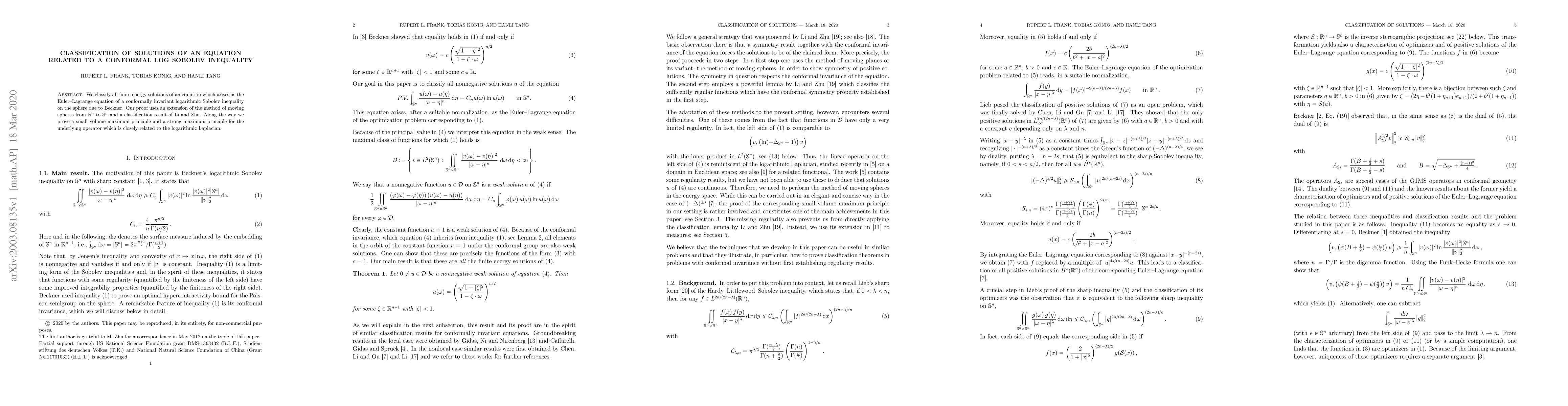 Thumbnail for Classification of solutions of an equation related to a conformal log
  Sobolev inequality