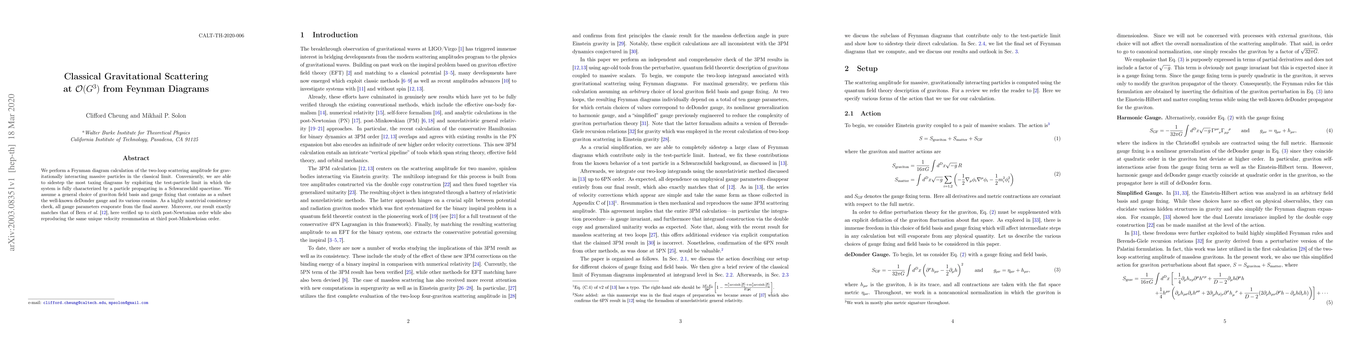 Thumbnail for Classical Gravitational Scattering at ${\cal O}(G^3)$ from Feynman
  Diagrams