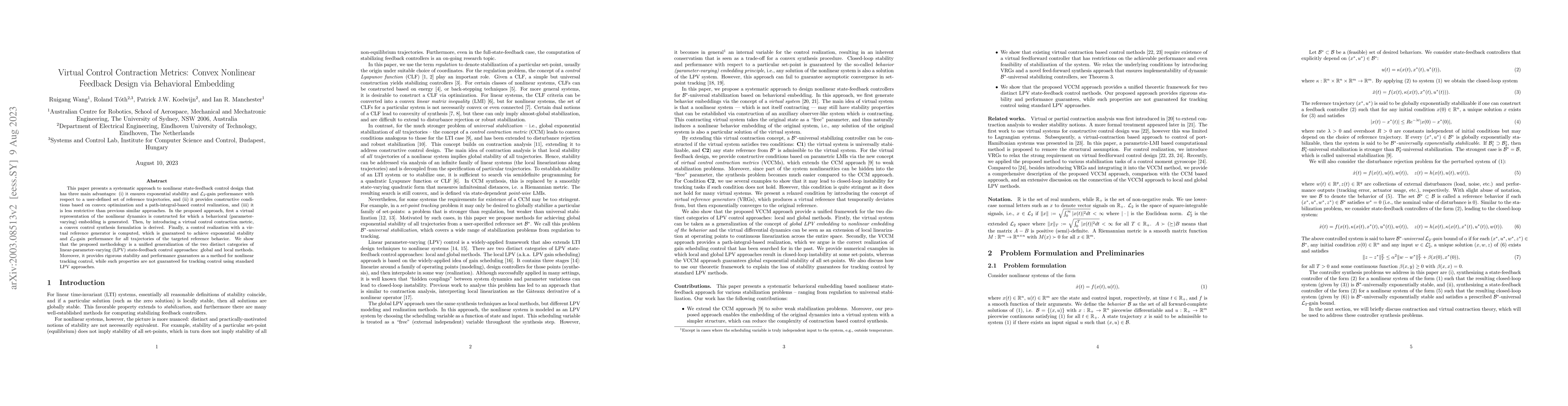 Thumbnail for Virtual Control Contraction Metrics: Convex Nonlinear Feedback Design
  via Behavioral Embedding