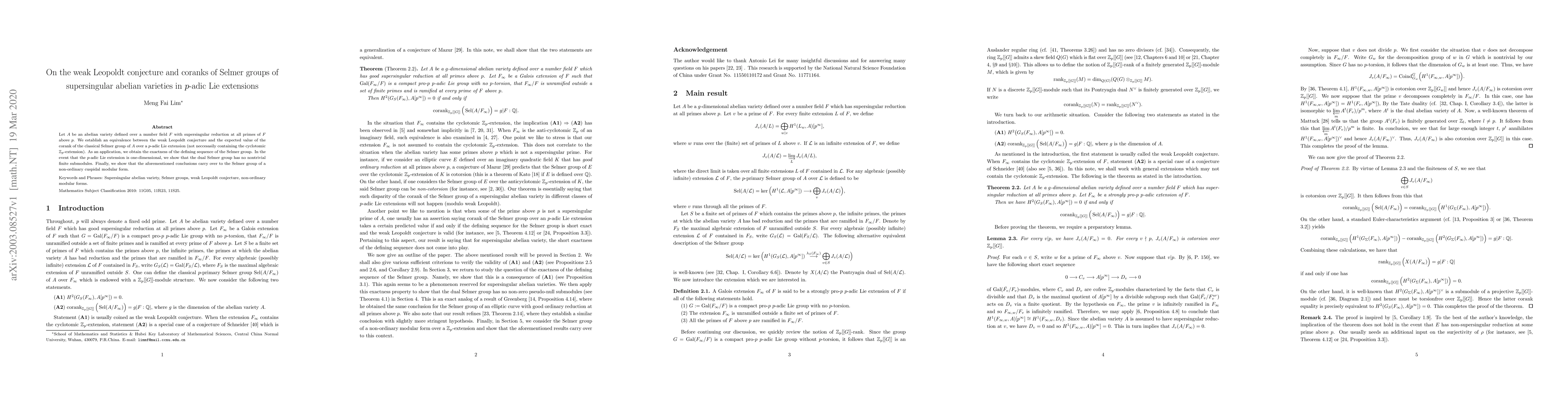 Thumbnail for On the weak Leopoldt conjecture and coranks of Selmer groups of
  supersingular abelian varieties in $p$-adic Lie extensions