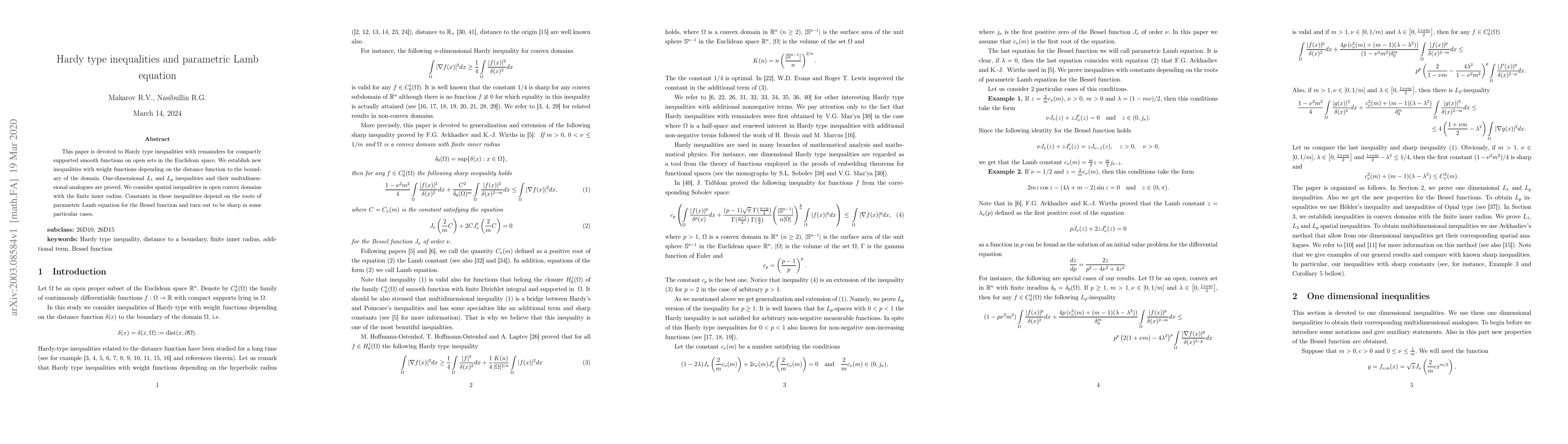 Thumbnail for Hardy type inequalities and parametric Lamb equation