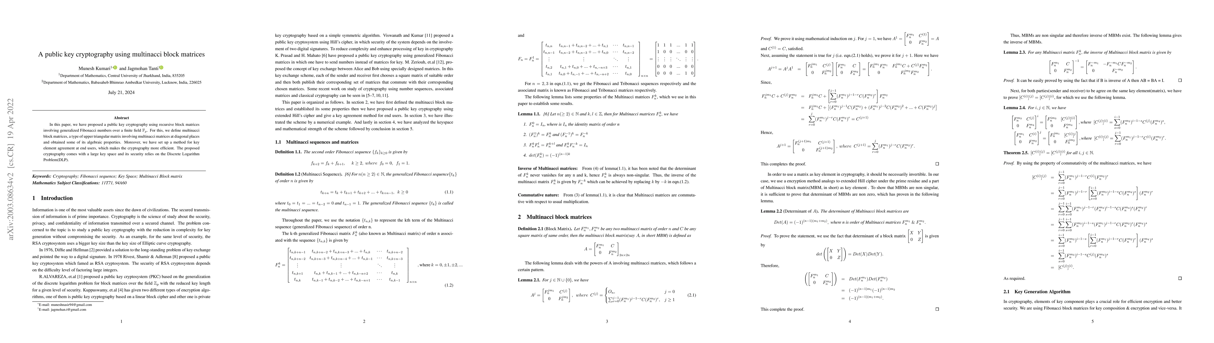 Thumbnail for A public key cryptography using multinacci block matrices