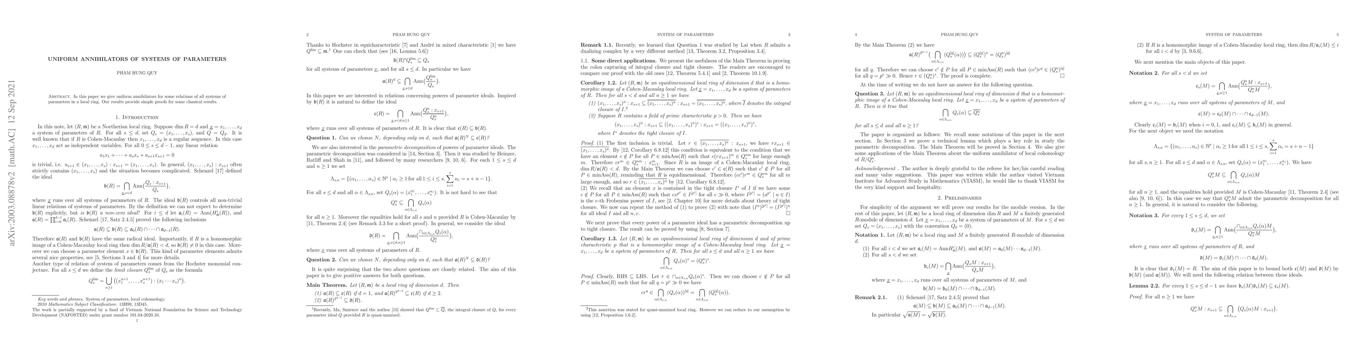 Thumbnail for Uniform Annihilators of Systems of parameters