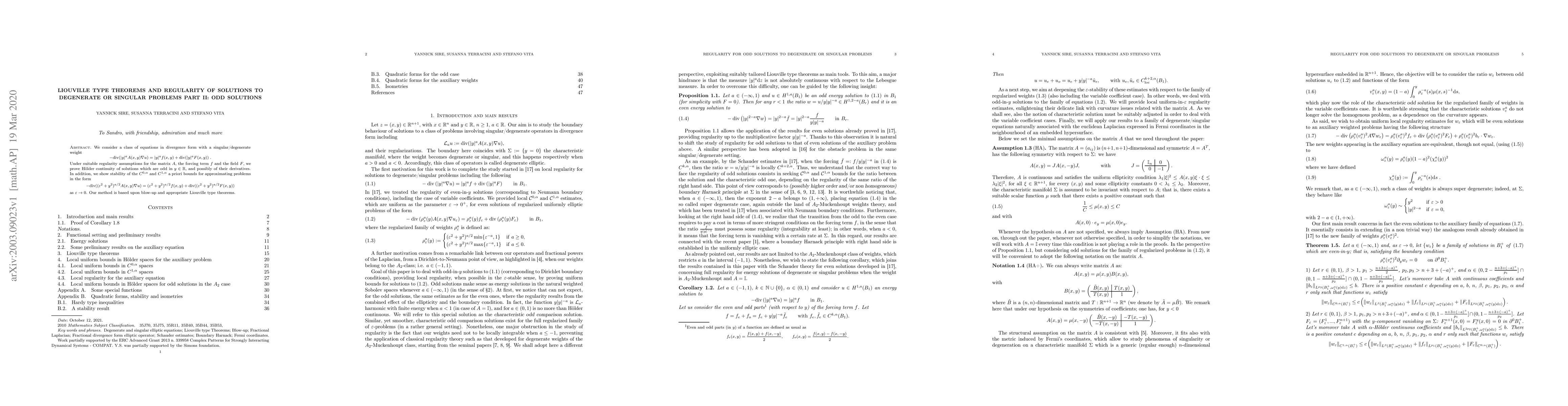 Thumbnail for Liouville type theorems and regularity of solutions to degenerate or
  singular problems part II: odd solutions