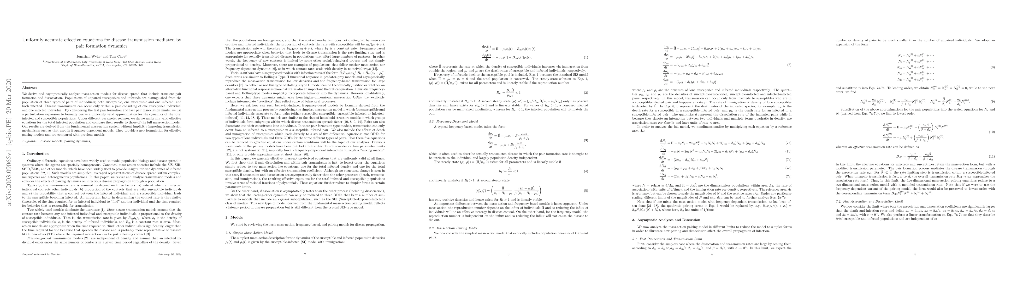 Thumbnail for Uniformly accurate effective equations for disease transmission mediated
  by pair formation dynamics