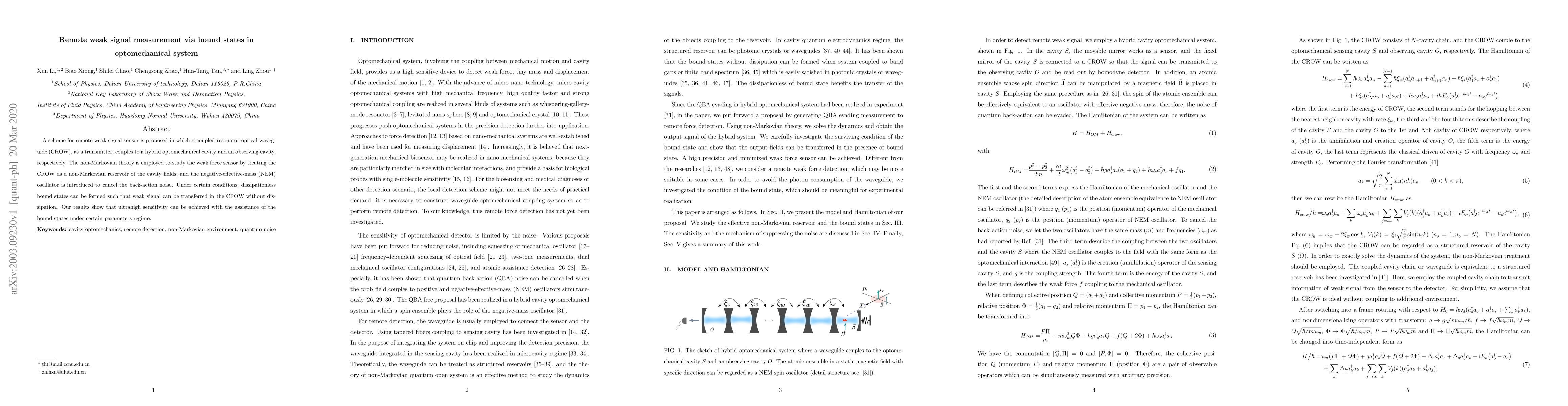 Thumbnail for Remote weak signal measurement via bound states in optomechanical system