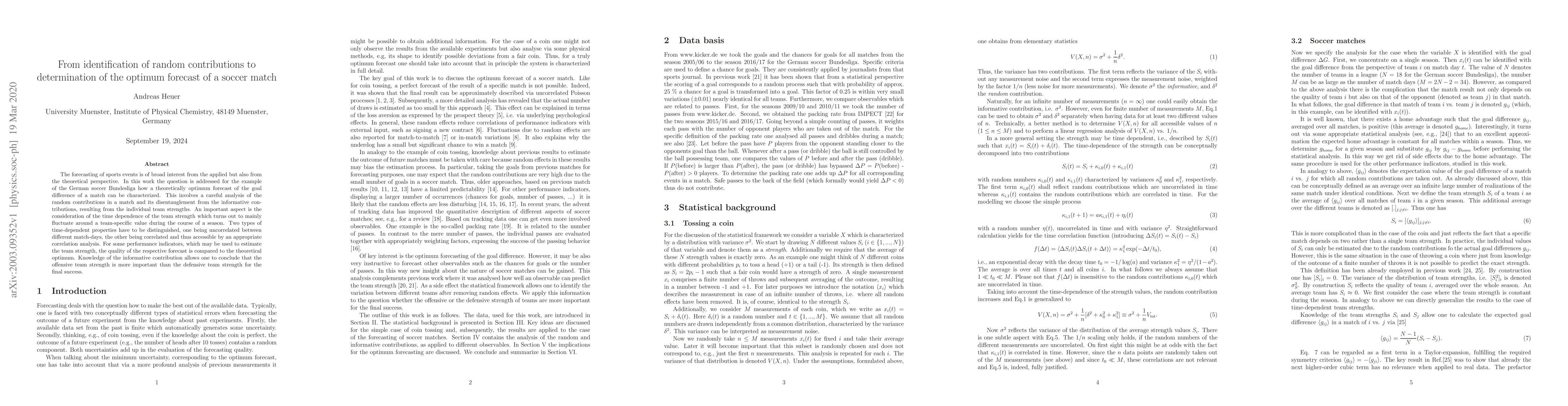 Thumbnail for From identification of random contributions to determination of the
  optimum forecast of a soccer match