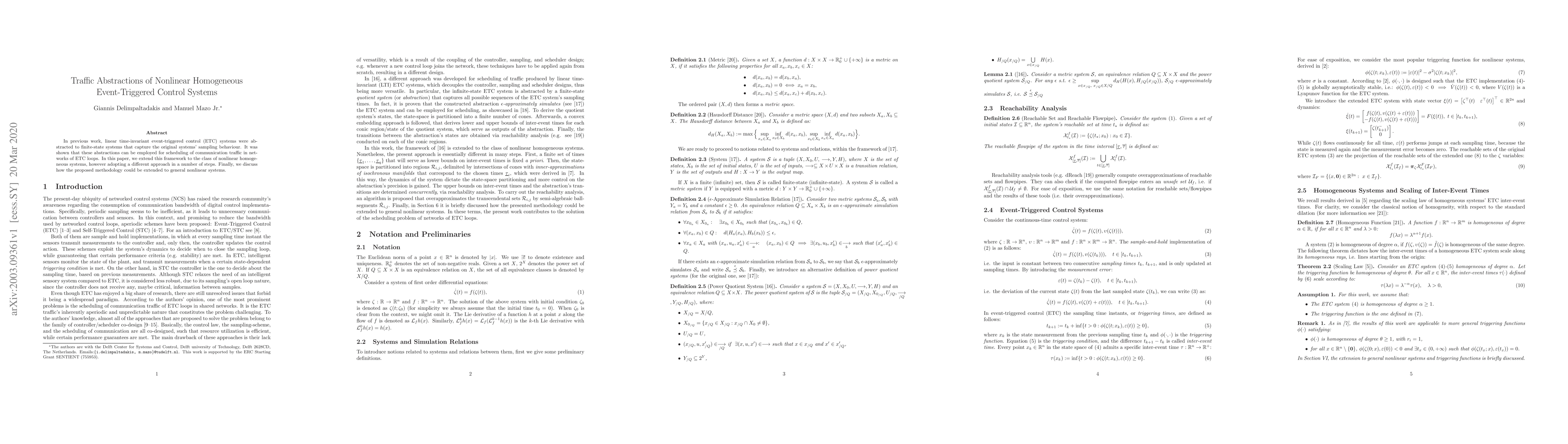 Thumbnail for Traffic Abstractions of Nonlinear Homogeneous Event-Triggered Control
  Systems