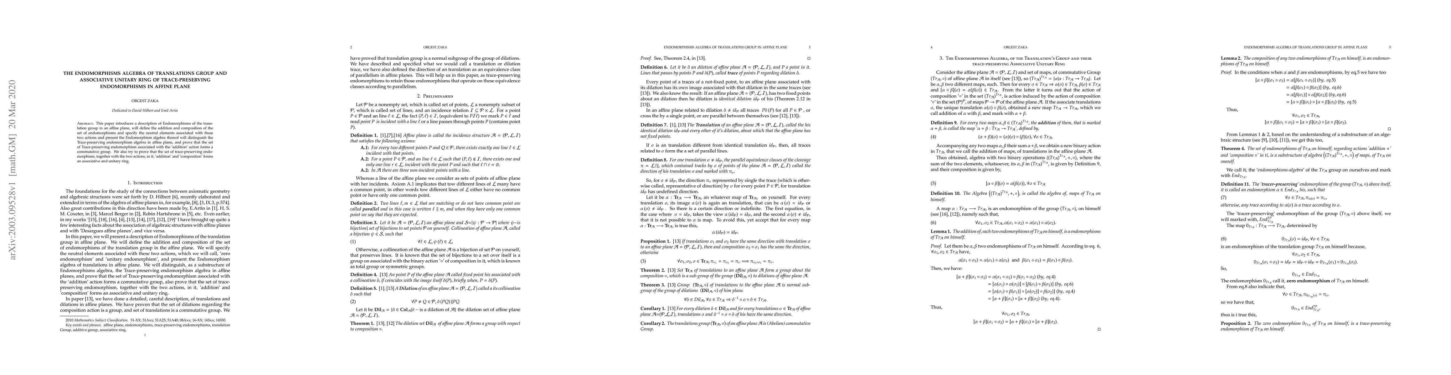 Thumbnail for The Endomorphisms Algebra of Translations Group and Associative Unitary
  Ring of Trace-Preserving Endomorphisms in Affine Plane