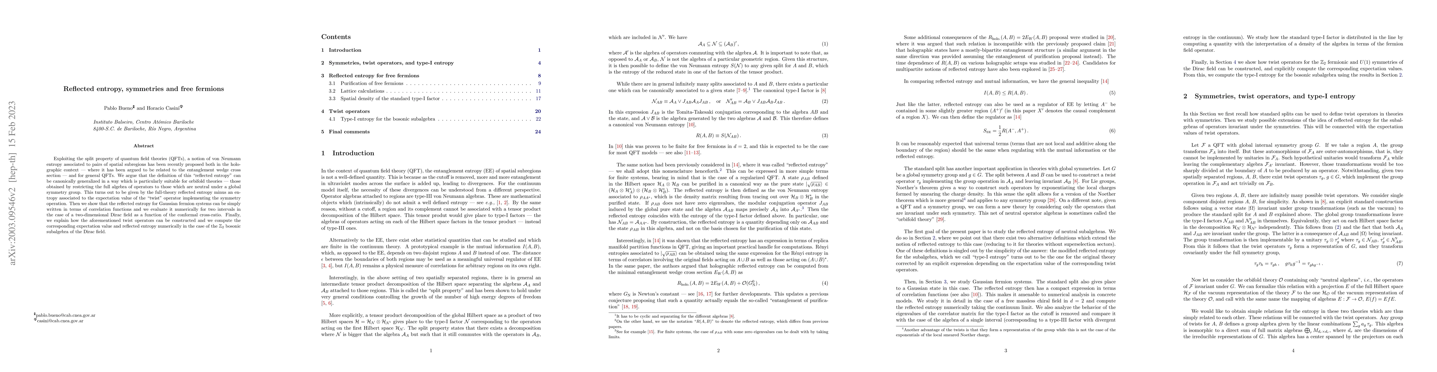 Thumbnail for Reflected entropy, symmetries and free fermions