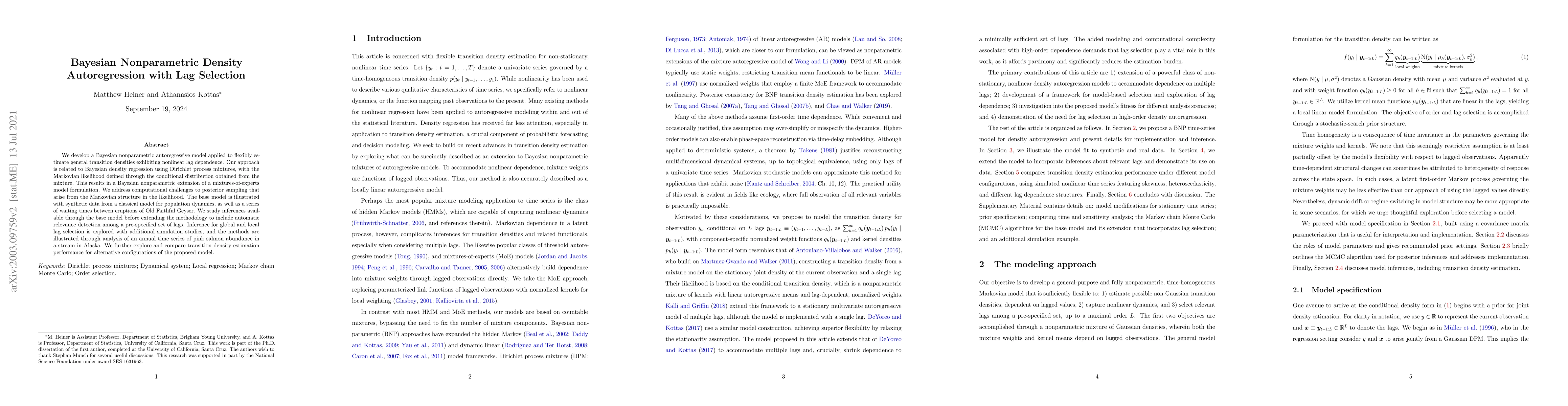 Thumbnail for Bayesian Nonparametric Density Autoregression with Lag Selection
