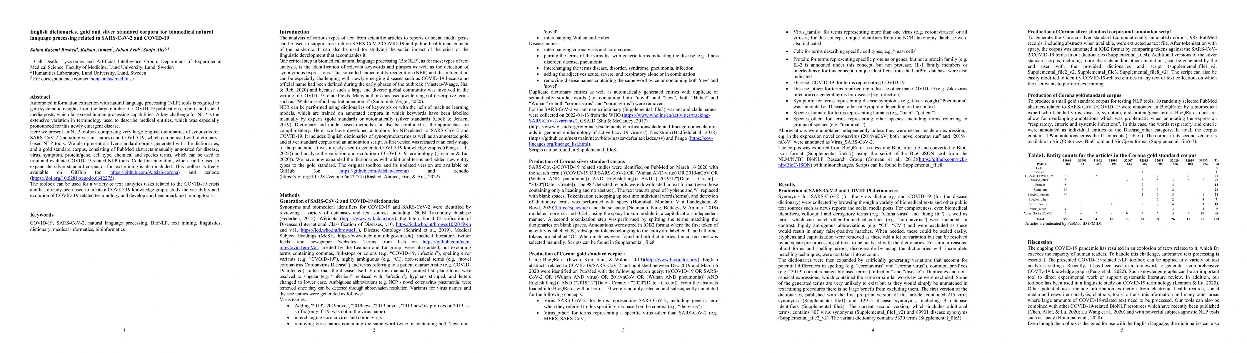 Thumbnail for English dictionaries, gold and silver standard corpora for biomedical
  natural language processing related to SARS-CoV-2 and COVID-19