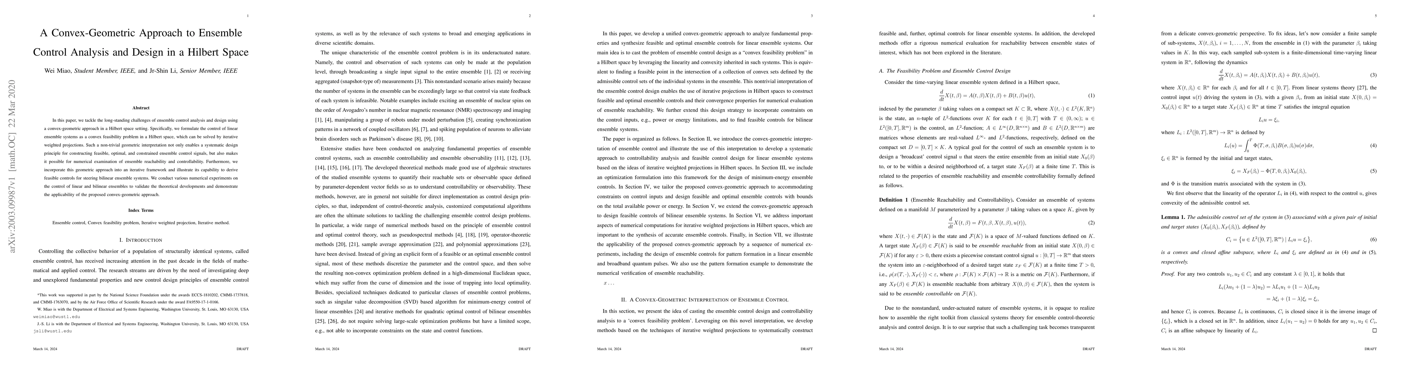 Thumbnail for A Convex-Geometric Approach to Ensemble Control Analysis and Design in a
  Hilbert Space