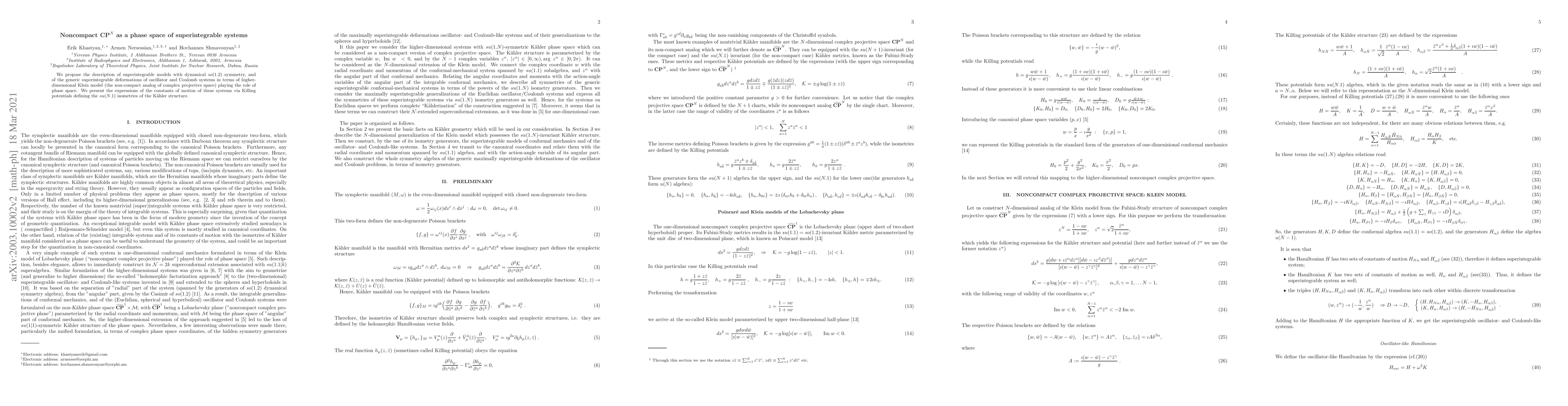 Thumbnail for Noncompact $\mathbf{CP}^N$ as a phase space of superintegrable systems
