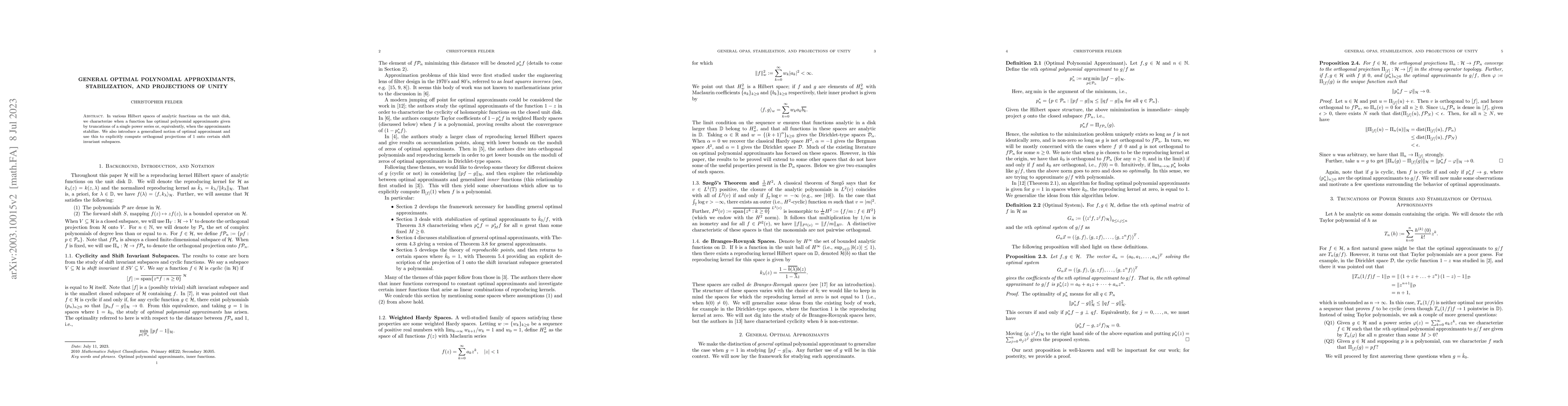Thumbnail for General Optimal Polynomial Approximants, Stabilization, and Projections
  of Unity