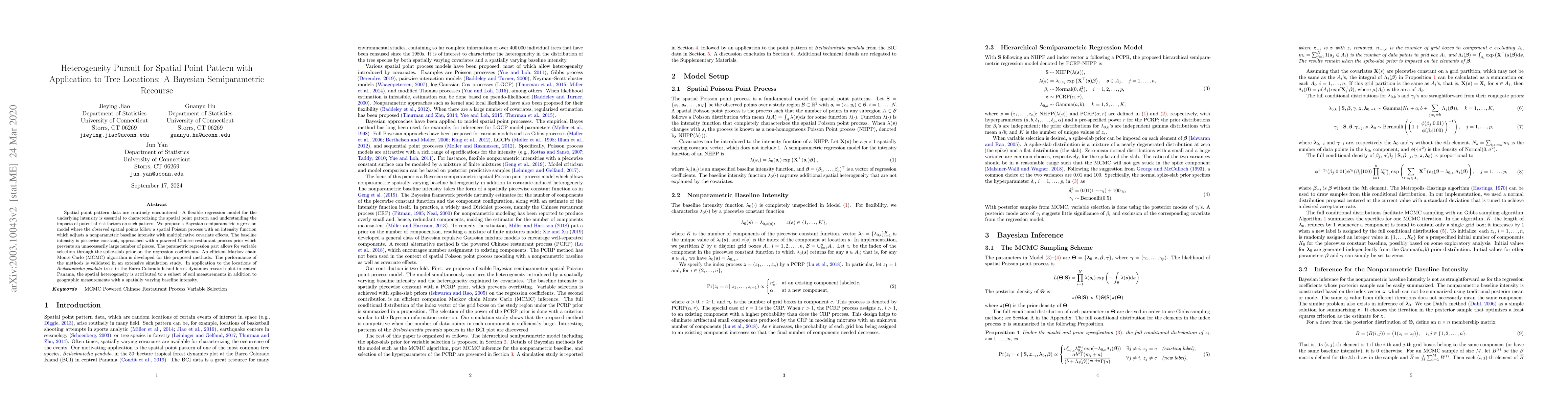 Thumbnail for Heterogeneity Pursuit for Spatial Point Pattern with Application to Tree
  Locations: A Bayesian Semiparametric Recourse