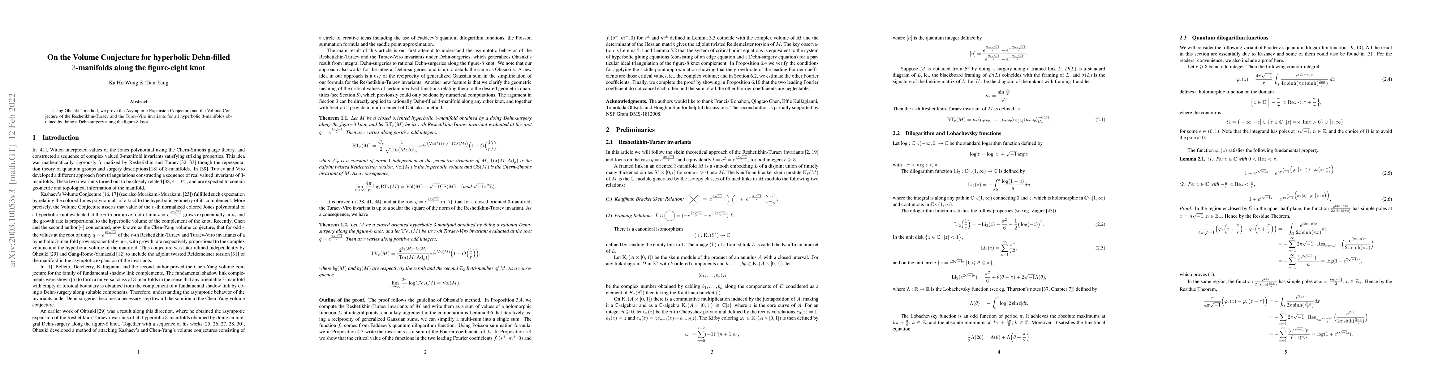 Thumbnail for On the Volume Conjecture for hyperbolic Dehn-filled $3$-manifolds along
  the figure-eight knot