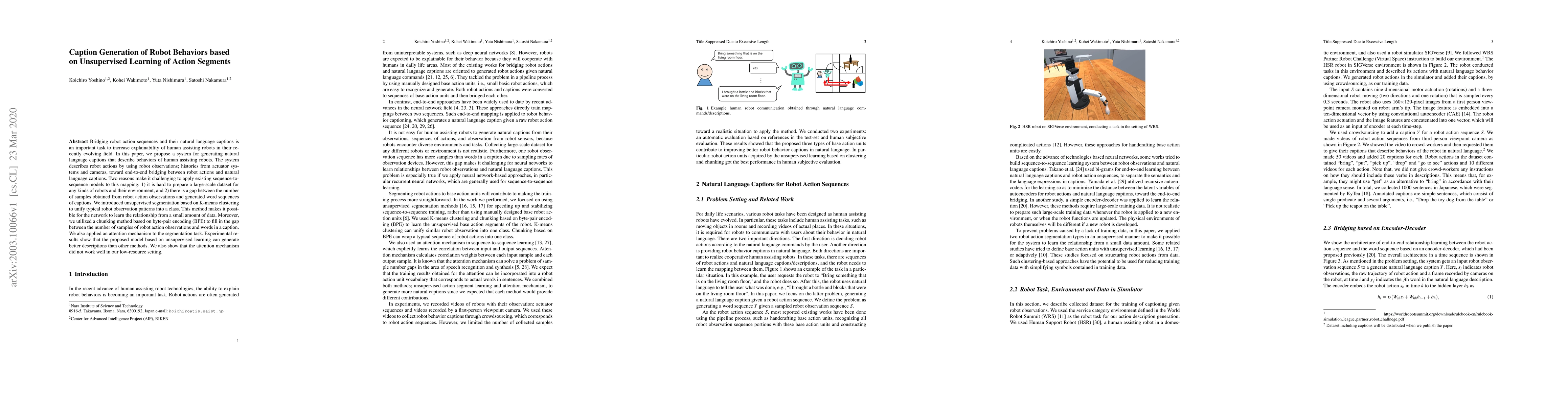 Thumbnail for Caption Generation of Robot Behaviors based on Unsupervised Learning of
  Action Segments