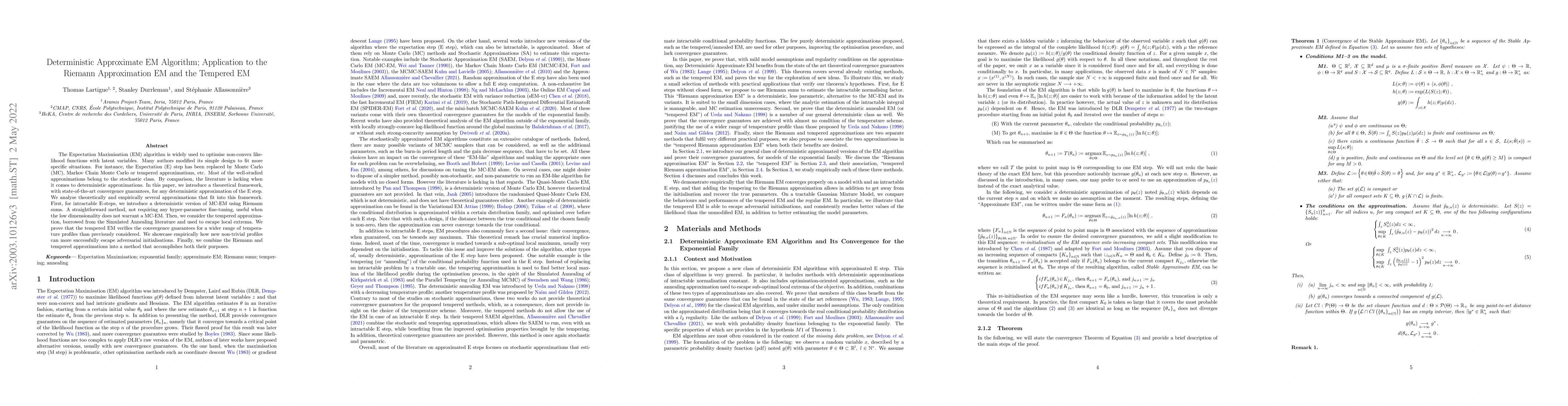 Thumbnail for Deterministic Approximate EM Algorithm; Application to the Riemann
  Approximation EM and the Tempered EM