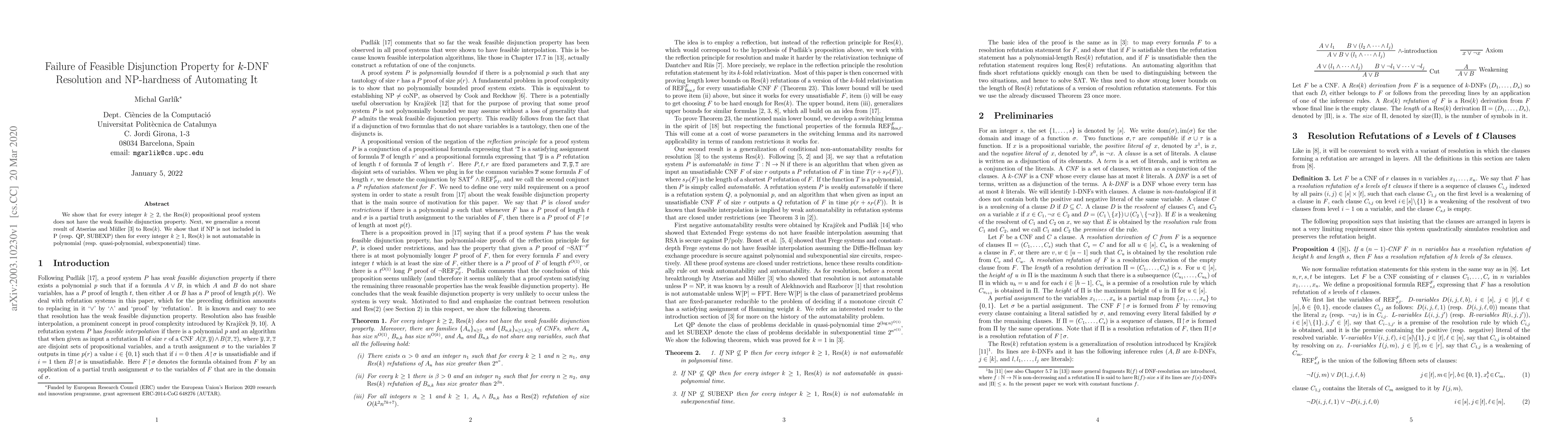Thumbnail for Failure of Feasible Disjunction Property for $k$-DNF Resolution and
  NP-hardness of Automating It