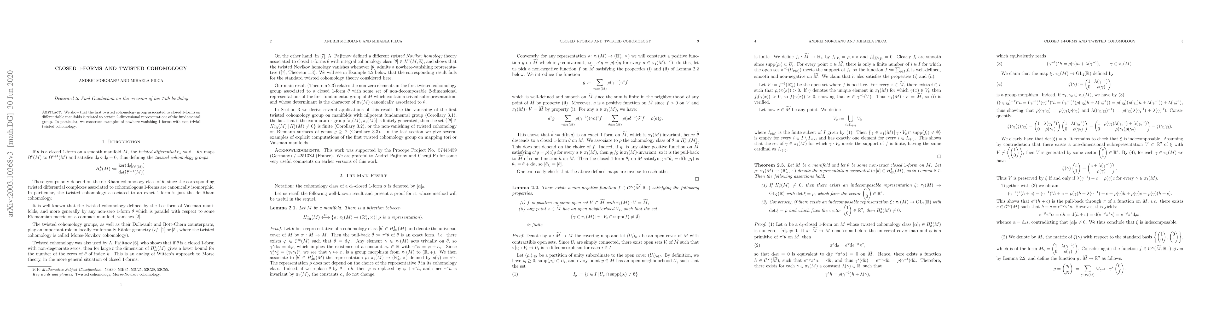 Thumbnail for Closed 1-Forms and Twisted Cohomology