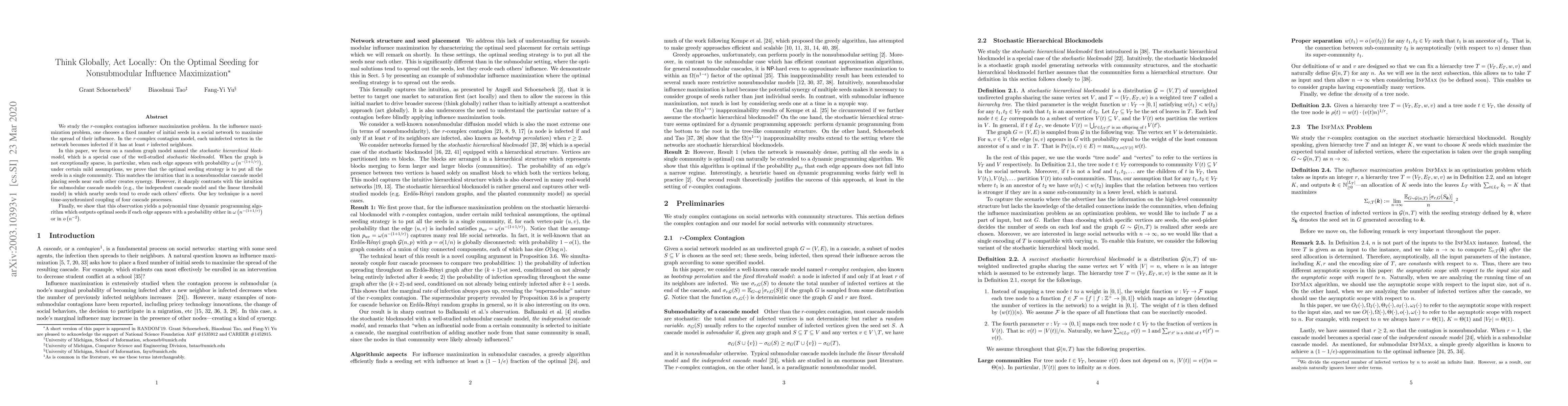 Thumbnail for Think Globally, Act Locally: On the Optimal Seeding for Nonsubmodular
  Influence Maximization