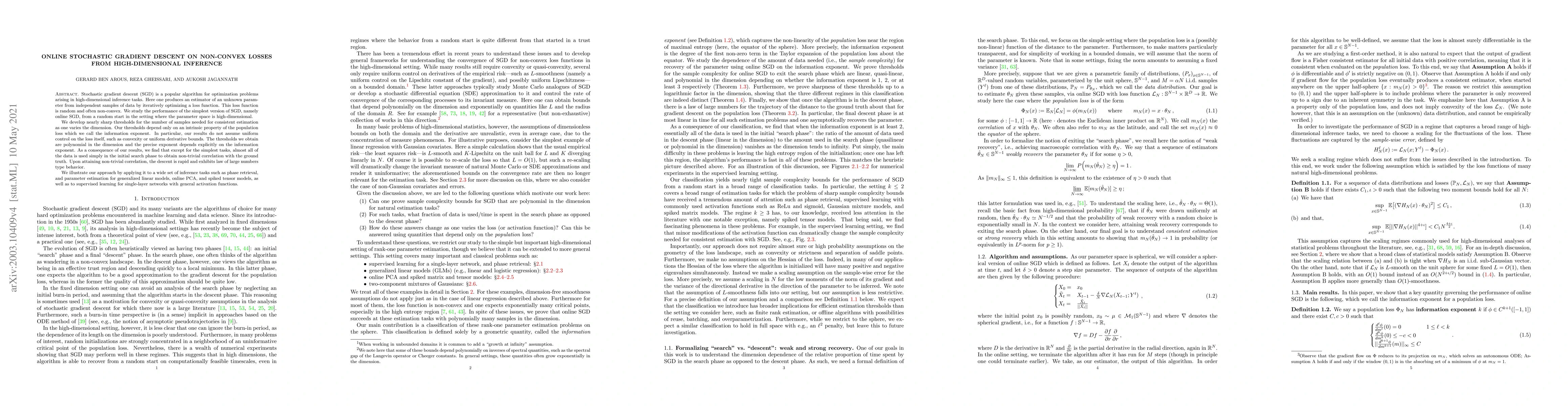 Thumbnail for Online stochastic gradient descent on non-convex losses from
  high-dimensional inference