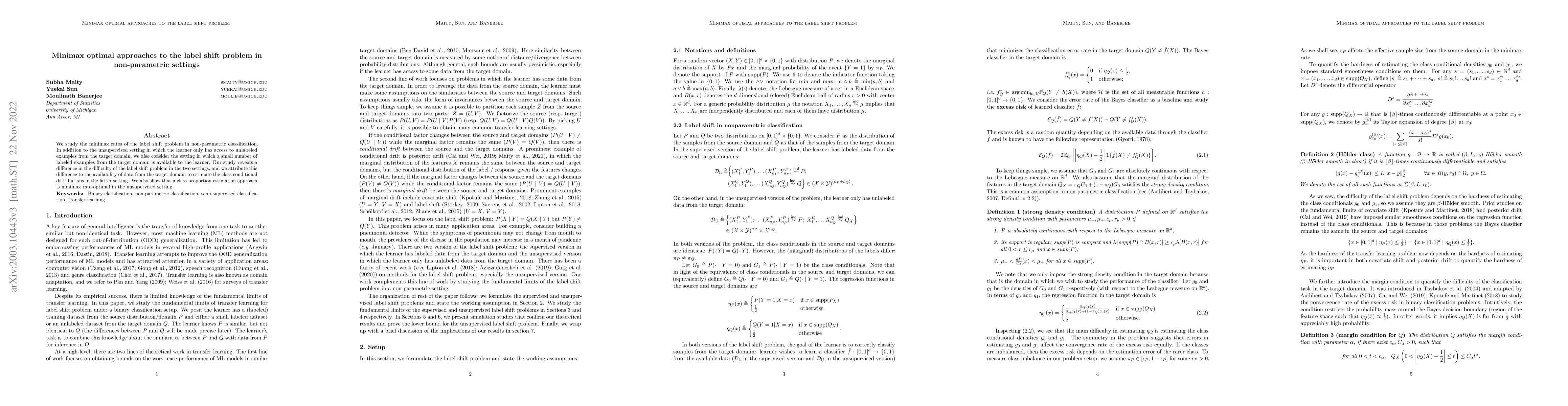 Thumbnail for Minimax optimal approaches to the label shift problem in non-parametric
  settings