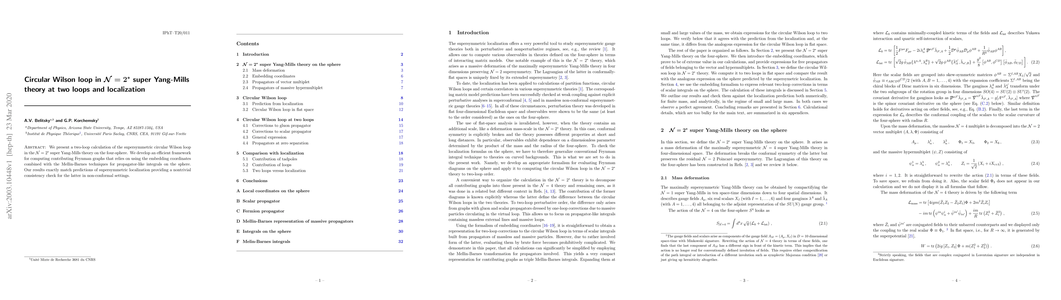 Thumbnail for Circular Wilson loop in N=2* super Yang-Mills theory at two loops and
  localization
