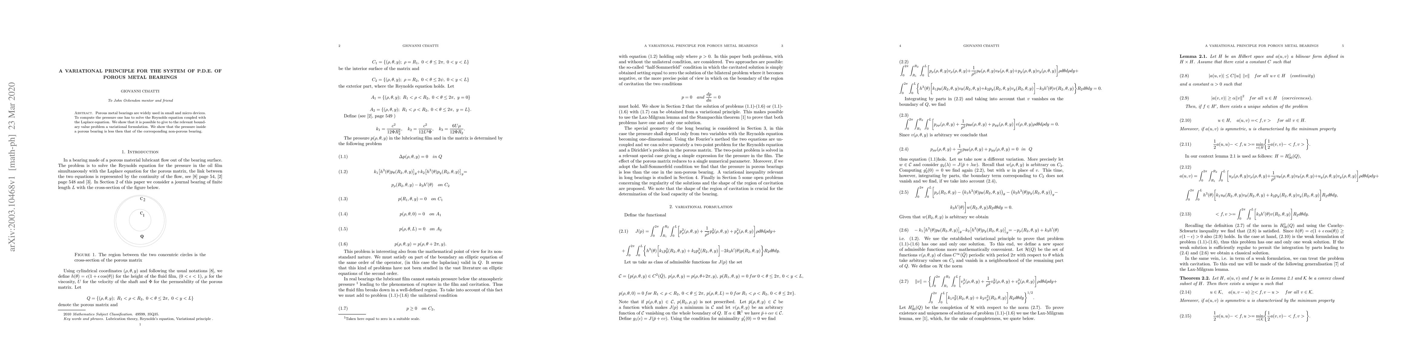 Thumbnail for A variational principle for the system of P.D.E. of porous metal
  bearings