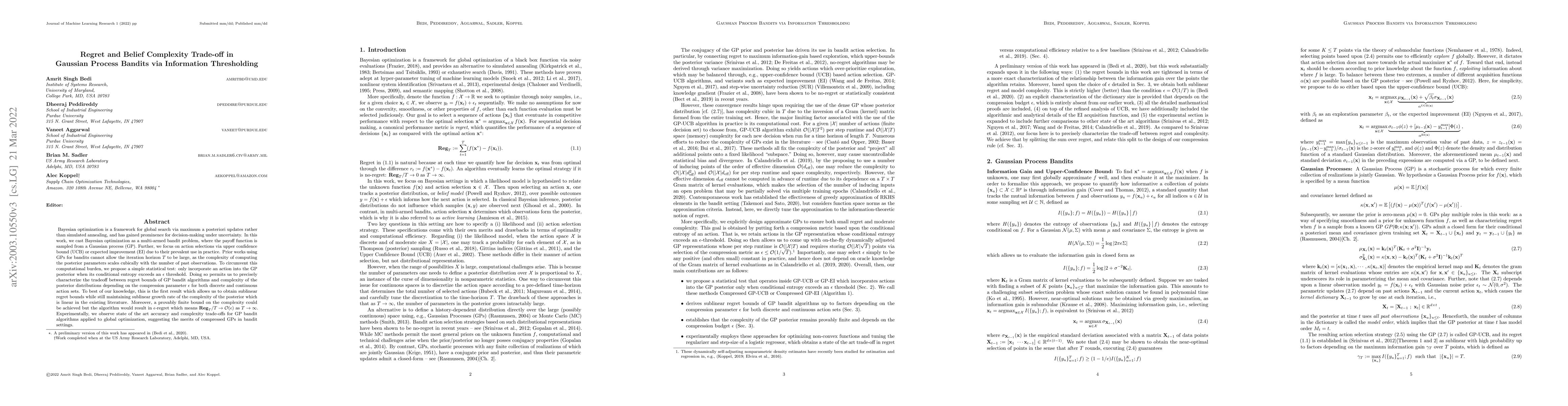Thumbnail for Regret and Belief Complexity Trade-off in Gaussian Process Bandits via
  Information Thresholding