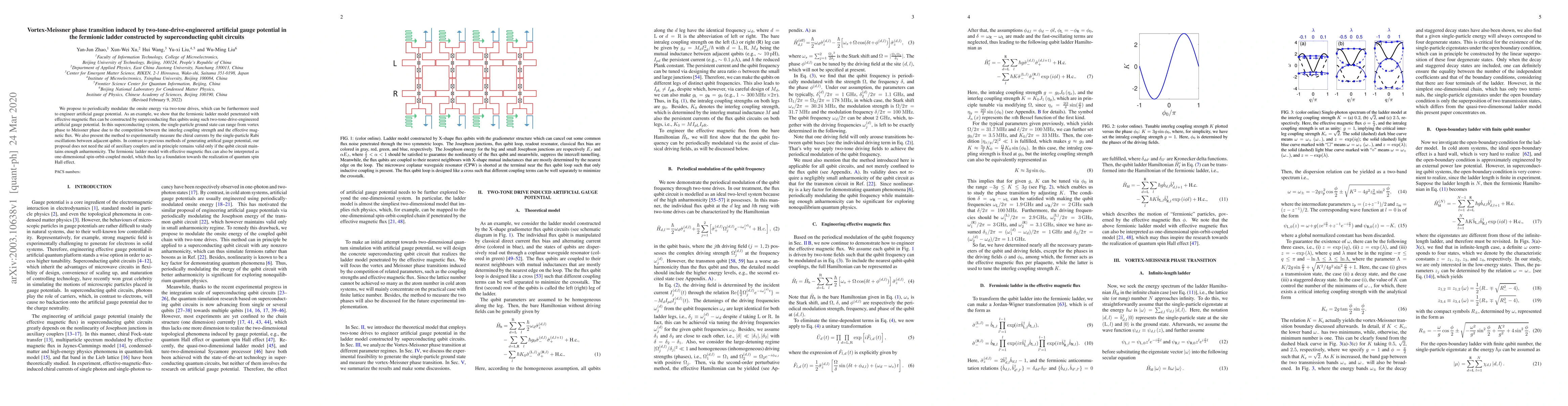 Thumbnail for Vortex-Meissner phase transition induced by two-tone-drive-engineered
  artificial gauge potential in the fermionic ladder constructed by
  superconducting qubit circuits