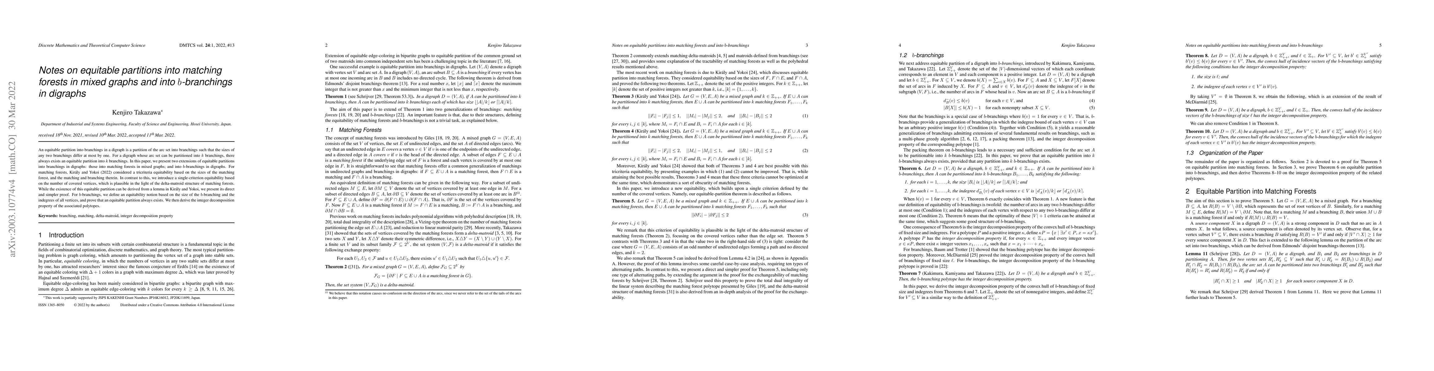 Thumbnail for Notes on Equitable Partitions into Matching Forests in Mixed Graphs and
  into $b$-branchings in Digraphs
