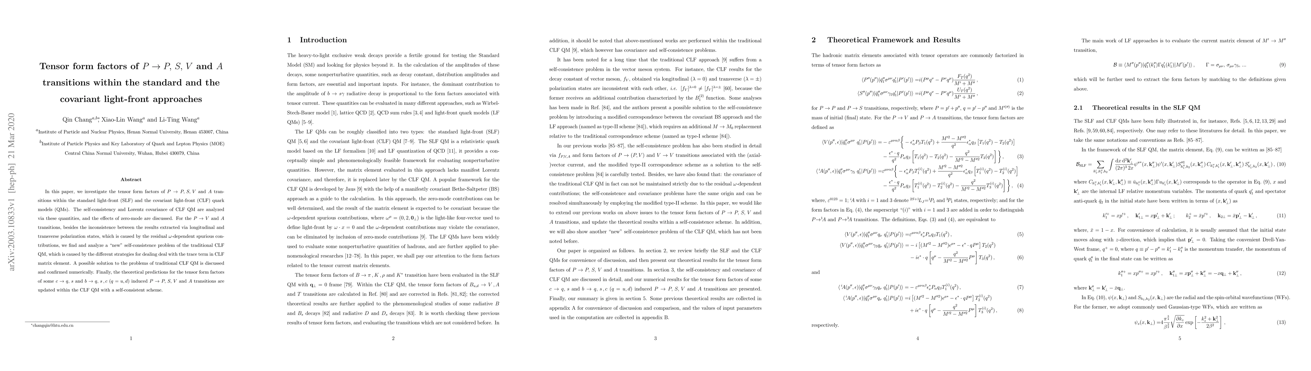 Thumbnail for Tensor form factors of $P\to P,\,S,\,V$ and $A$ transitions within the
  standard and the covariant light-front approaches