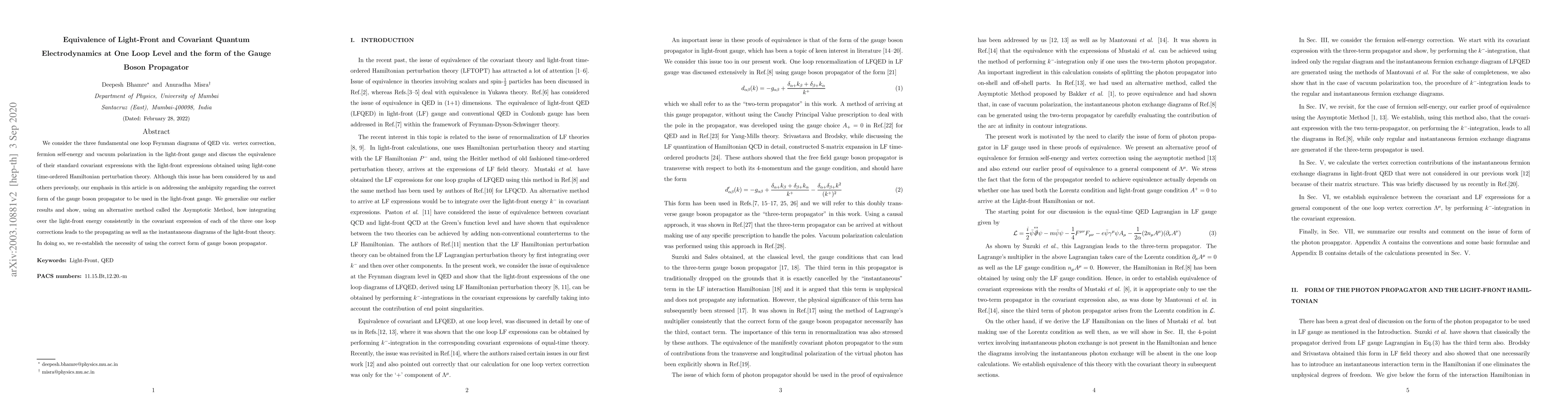 Thumbnail for Equivalence of Light-Front and Covariant Quantum Electrodynamics at One
  Loop Level and the form of the Gauge Boson Propagator