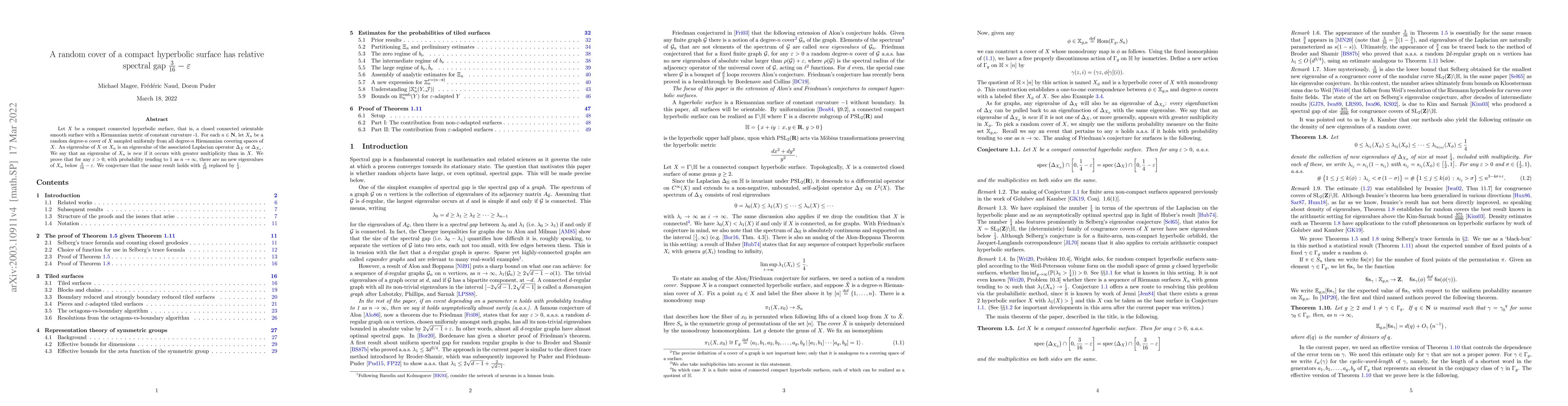 Thumbnail for A random cover of a compact hyperbolic surface has relative spectral gap
  $\frac{3}{16}-\varepsilon$